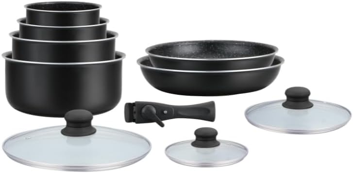 Batterie de cuisine avec revêtement pierre anti-adhésif et poignée amovible