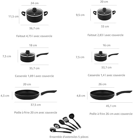 Batterie de cuisine antiadhésive 15 pièces avec ustensiles ergonomiques et compatibilité multiple