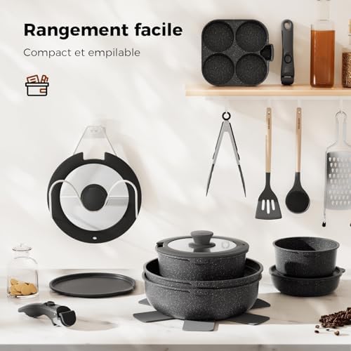 Batterie de cuisine complète de 20 pièces avec revêtement antiadhésif et poignées amovibles