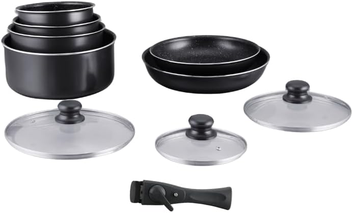Batterie de cuisine avec revêtement pierre anti-adhésif et poignée amovible