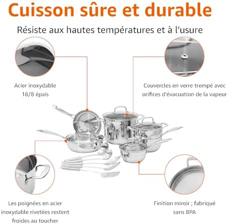 Batterie de cuisine en acier inoxydable avec poêles, casseroles et ustensiles résistants à l'induction