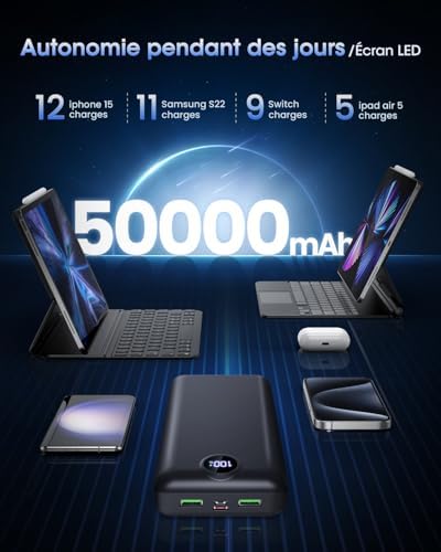 Batterie externe 50000mAh avec charge rapide USB-C et écran digital