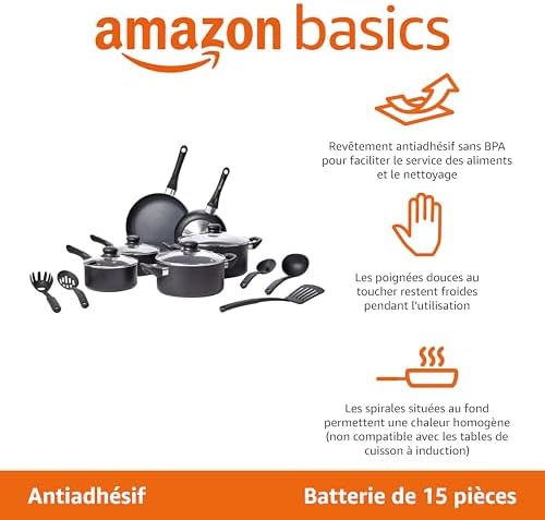 Batterie de cuisine antiadhésive 15 pièces avec ustensiles ergonomiques et compatibilité multiple