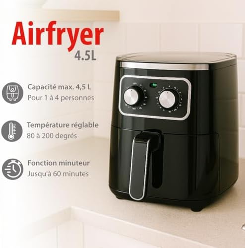 Friteuse à air 4,5 L avec minuterie et contrôle de température pour 1-4 personnes