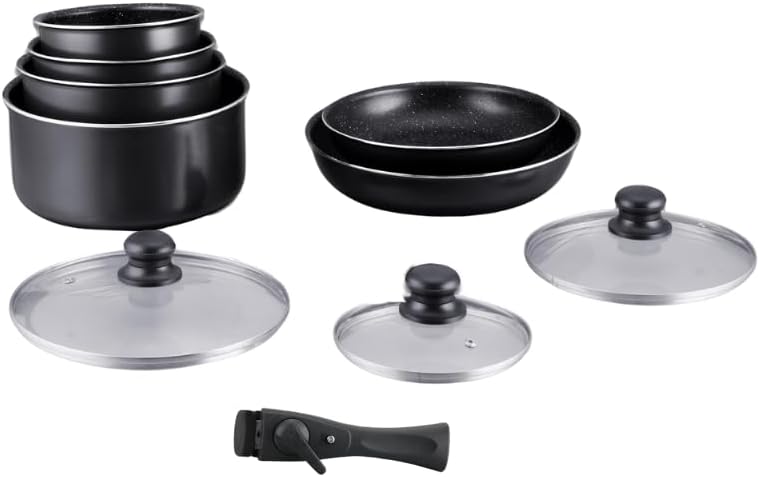 Batterie de cuisine avec revêtement pierre anti-adhésif et poignée amovible