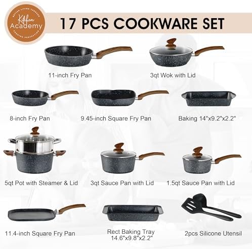 Batterie de cuisine 17 pièces avec technologie antiadhésive et compatibilité induction