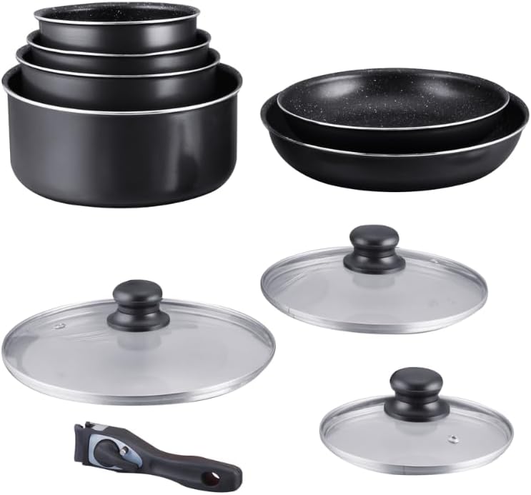 Batterie de cuisine avec revêtement pierre anti-adhésif et poignée amovible