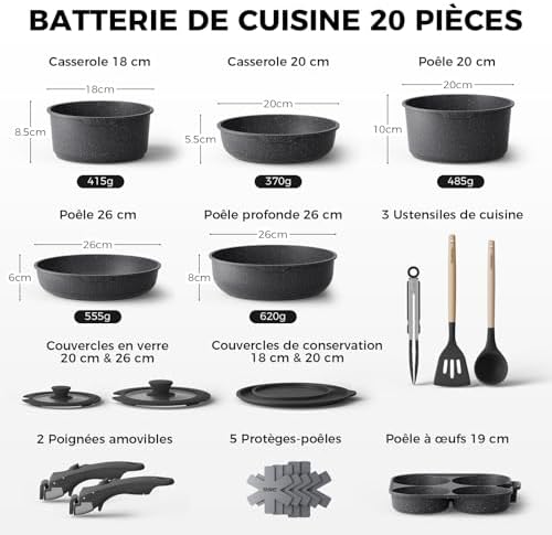 Batterie de cuisine complète de 20 pièces avec revêtement antiadhésif et poignées amovibles