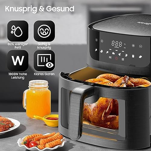 Friteuse à air XXL 9L avec fenêtre transparente et 8 programmes pour une cuisson saine
