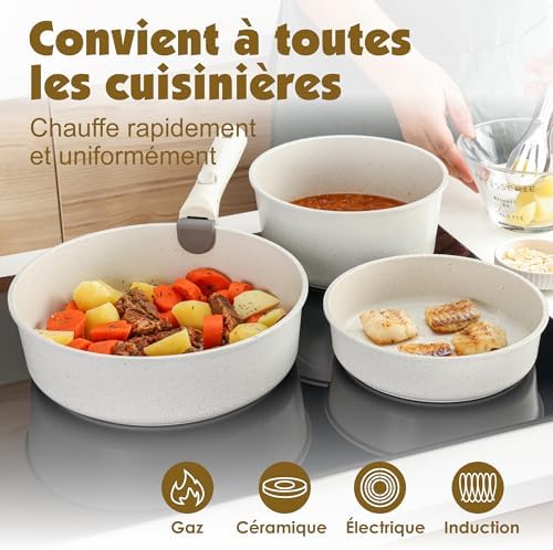 Batterie de cuisine antiadhésive suisse avec poignée amovible et compatibilité induction