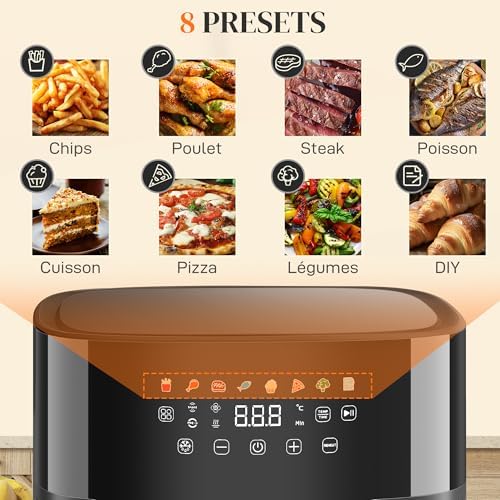 Air fryer avec cuisson rapide, menus prédéfinis et grande capacité de 8L