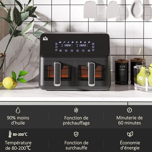 Friteuse à air sans huile avec double cuve de 8L et contrôle indépendant