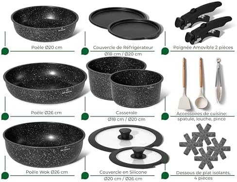 Batterie de cuisine 18 pièces avec revêtement céramique et manche amovible pour un rangement pratique