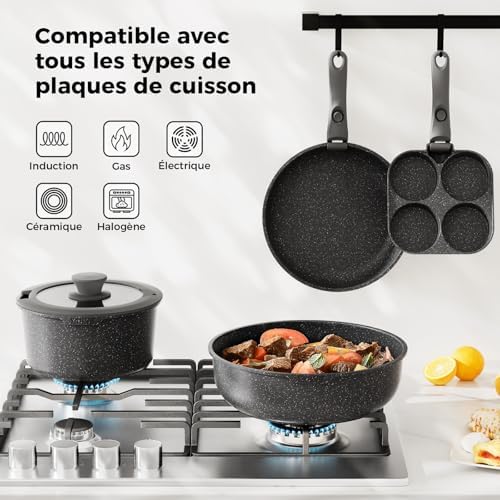 Batterie de cuisine complète de 20 pièces avec revêtement antiadhésif et poignées amovibles