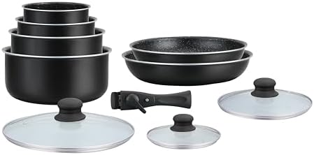 Batterie de cuisine avec revêtement pierre anti-adhésif et poignée amovible