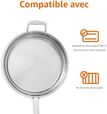 Batterie de cuisine en acier inoxydable avec poêles, casseroles et ustensiles résistants à l'induction