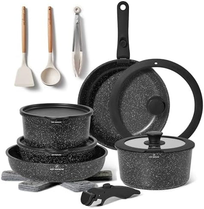Batterie de cuisine 18 pièces avec revêtement céramique et manche amovible pour un rangement pratique