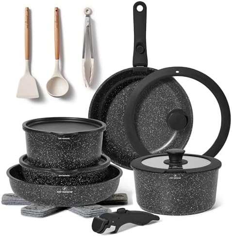 Batterie de cuisine 18 pièces avec revêtement céramique et manche amovible pour un rangement pratique