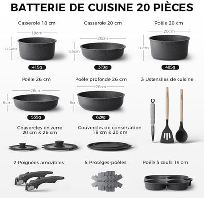 Batterie de cuisine complète de 20 pièces avec revêtement antiadhésif et poignées amovibles
