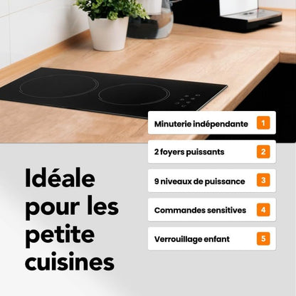 Plaque induction 2 feux vitrocéramique noire avec minuterie intégrée