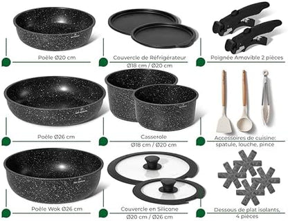 Batterie de cuisine 18 pièces avec revêtement céramique et manche amovible pour un rangement pratique